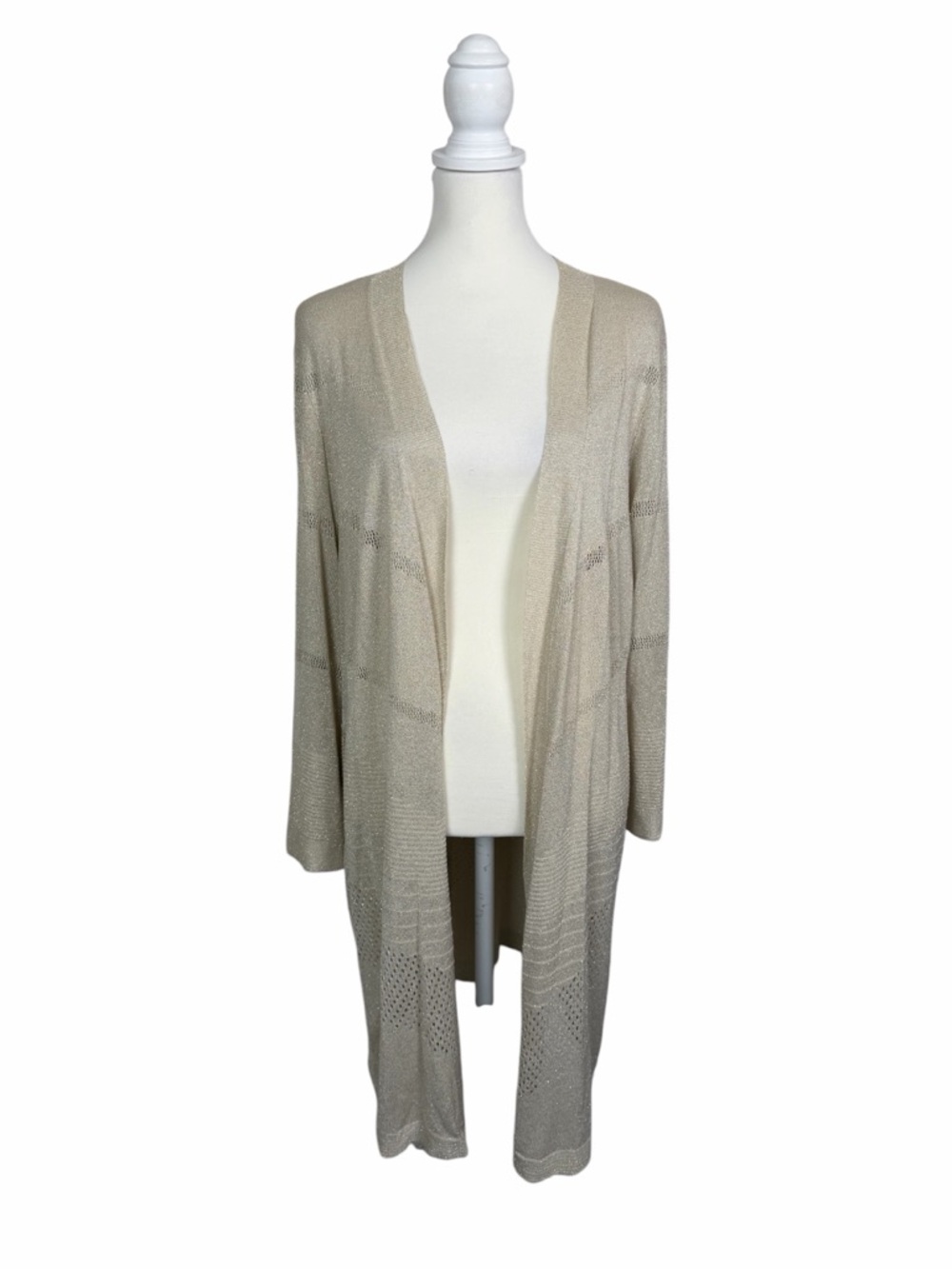 Chico’s Gold Metallic Open Front Cardigan Size Large Duster Sweater Lightweight